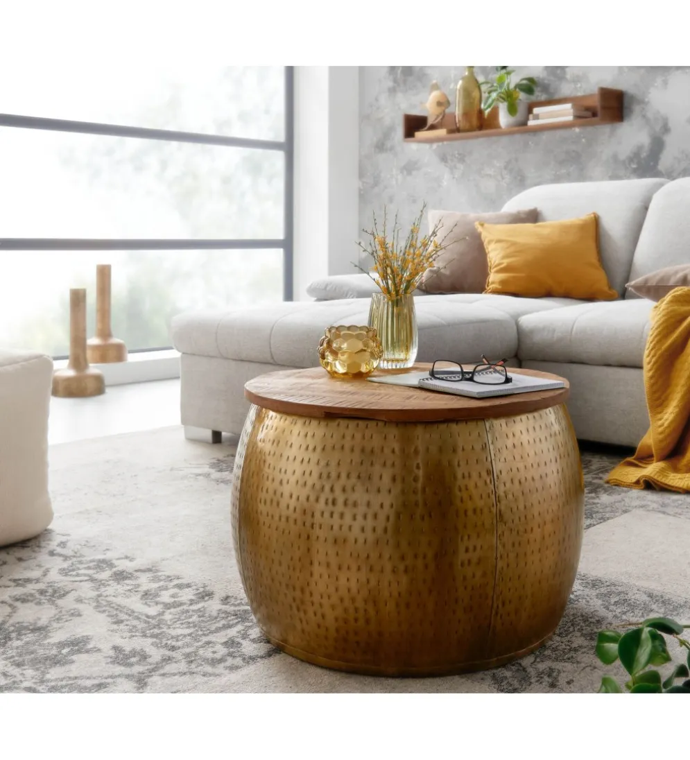 Stolik kawowy ORIENT 60 cm złoty drewno mango
