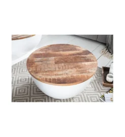 Stolik kawowy WHITE 60 cm biały z blatem z drewna Mango