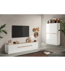 Stolik pod TV FANTASY 205 cm biały z dodatkiem koloru dąb Cadiz
