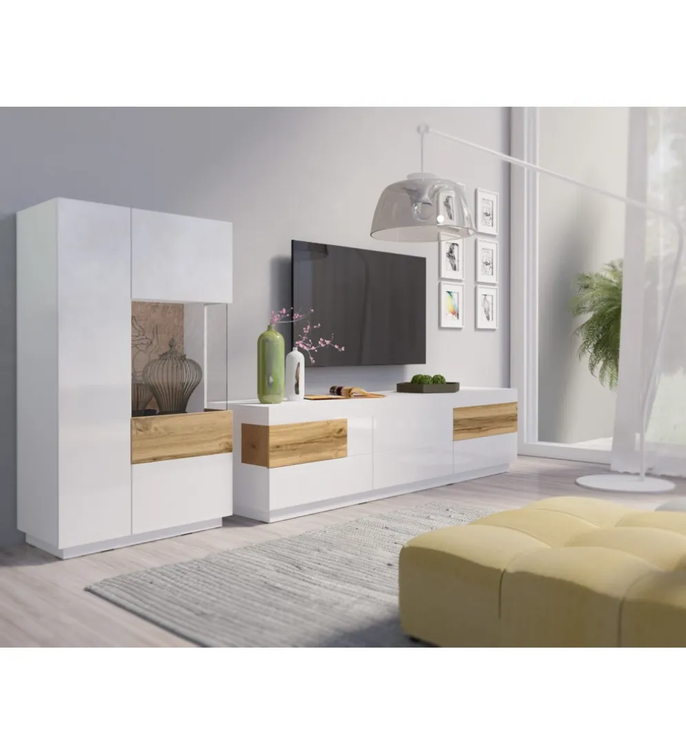 Stolik pod TV SILKE 160 cm biały z dodatkiem koloru Dąb Wotan