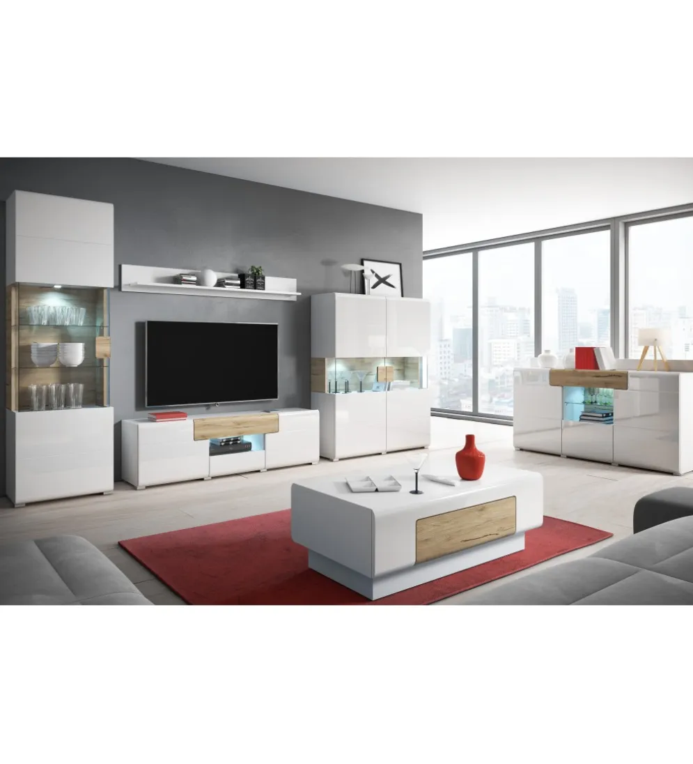 Stolik pod Tv TOLEDO 208 cm biały z dodatkiem koloru dąb san remo