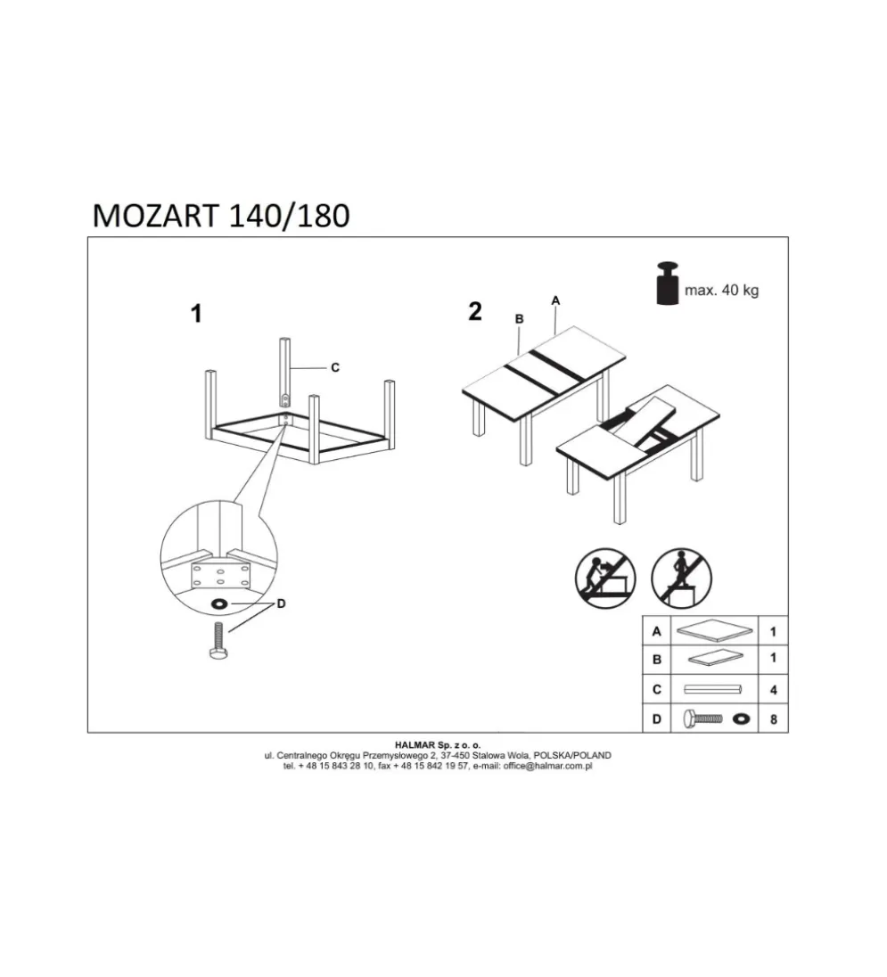 Stół rozkładany MOZART 140 cm - 180 cm biały